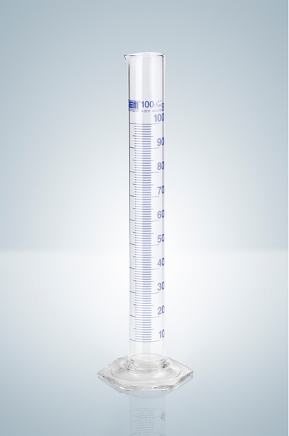 Glass measuring cylinder 100ml, hexagonal base, blue graduation