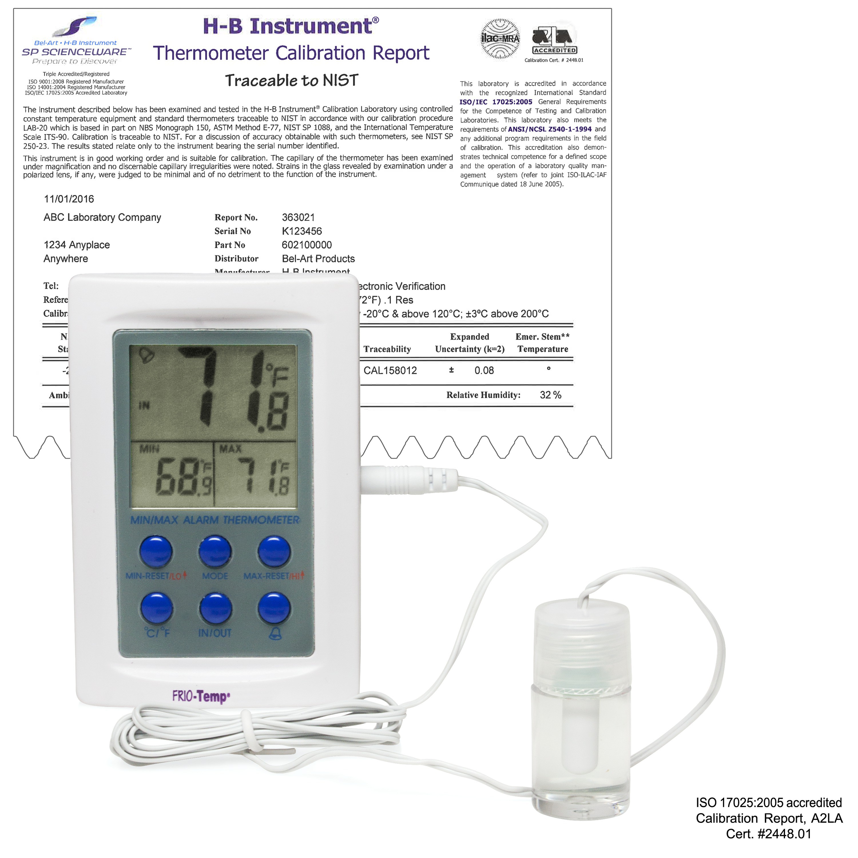 H-B Frio Temp Calibrated Dual Zone Electronic Verification Thermometer; -50/70C (-58/158F) External, 0/50C (32/122F) Internal, 4C Refrigerator Calibration