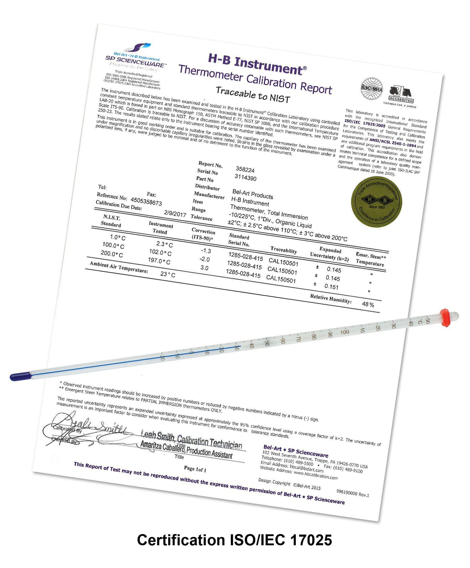 H-B DURAC Plus Calibrated Liquid-In-Glass Thermometer; -1 to 201C, 76mm Immersion, Organic Liquid Fill