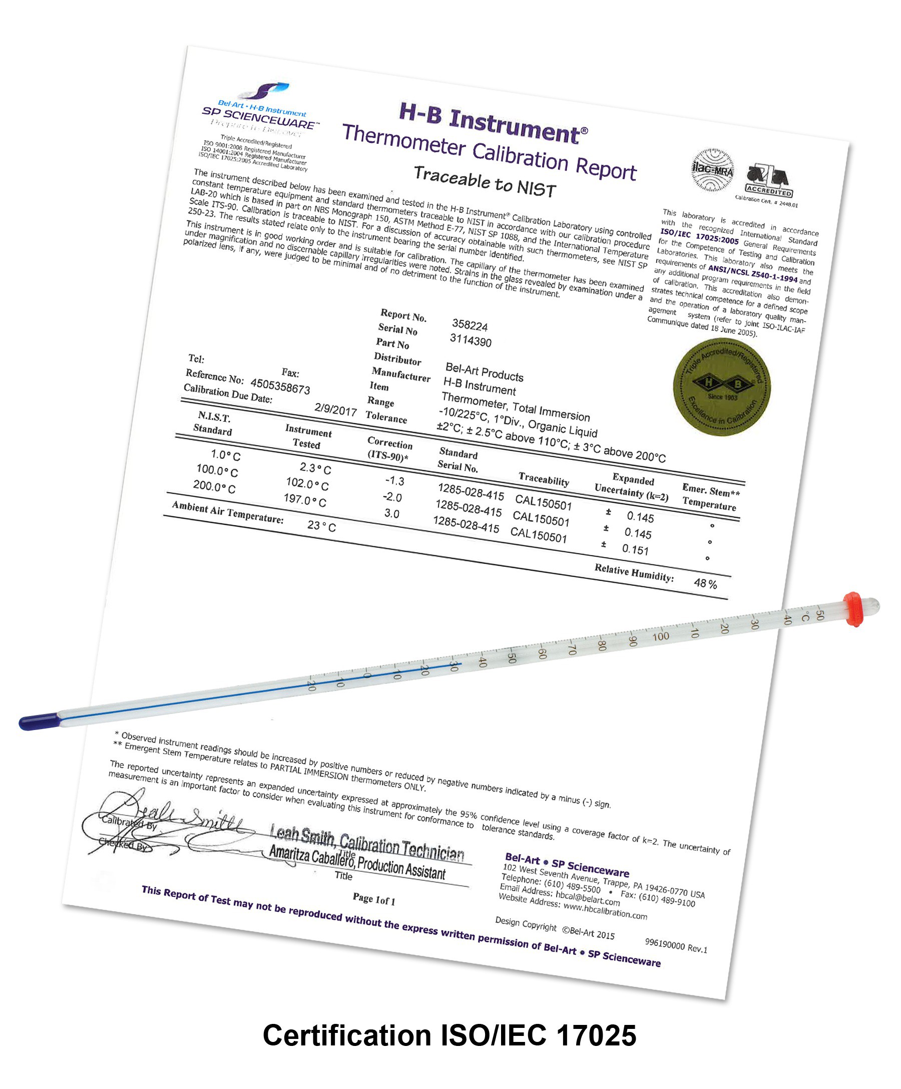 H-B DURAC Plus Calibrated Liquid-In-Glass Thermometer; 30 to 124F, 76mm Immersion, Organic Liquid Fill