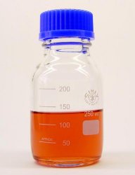 Glass laboratory bottle 500ml, c/w blue screw cap and pouring ring