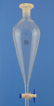 Glass separating funnel 250ml with PTFE stopcock, conical shape